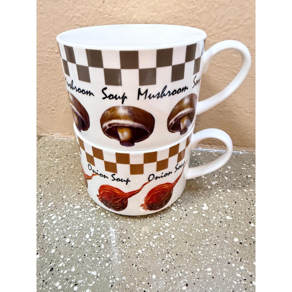 Fabulous Home Mushroom and Onion Soup Mug Set of 2 Ceramic Checkerboard White